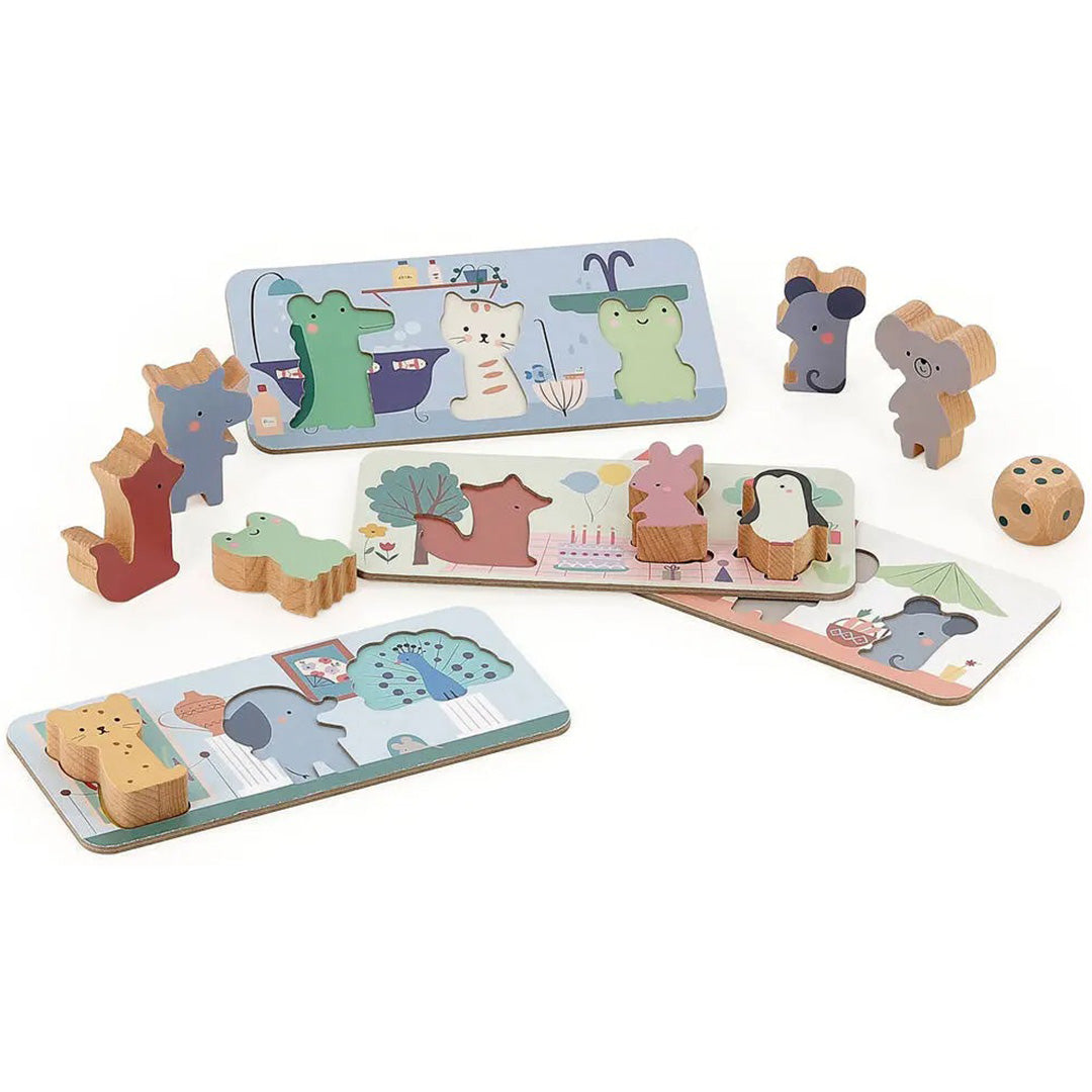 Vilac houten dierenpuzzels voor peuters met losse houten figuren en een dobbelsteen.