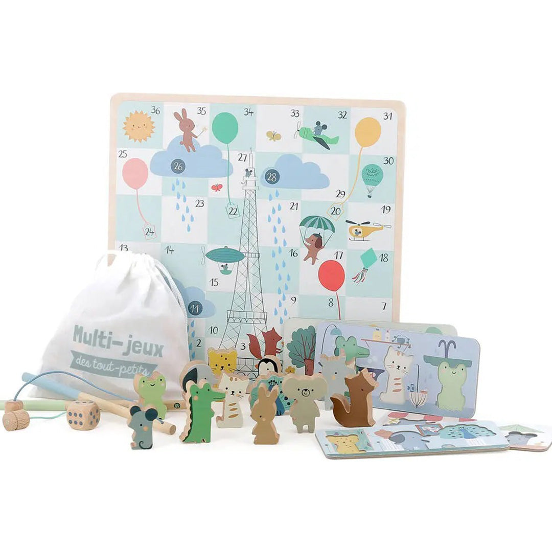 Vilac houten spelletjesdoos voor peuters met bordspel, houten dierenfiguren en speelstukken.