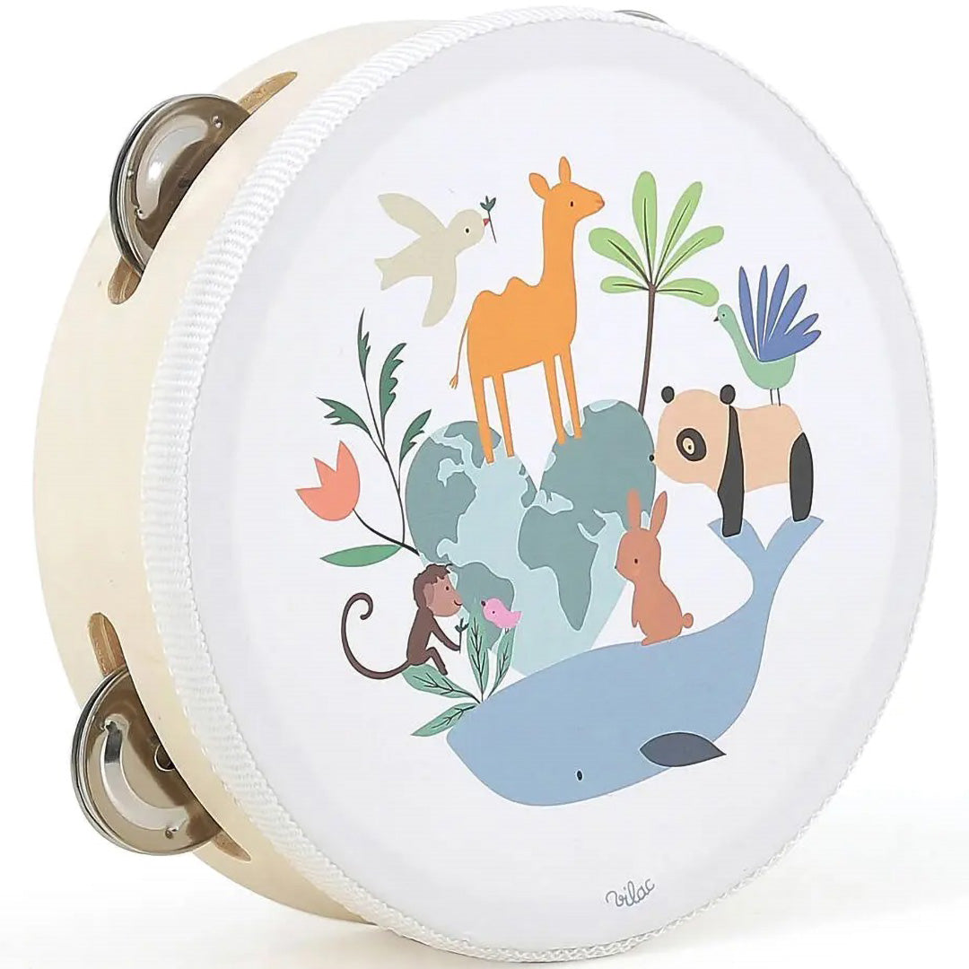 Vilac houten tamboerijn met een illustratie van dieren van de wereld.