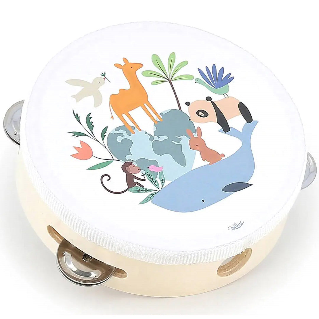 Vilac houten tamboerijn met een illustratie van dieren van de wereld.
