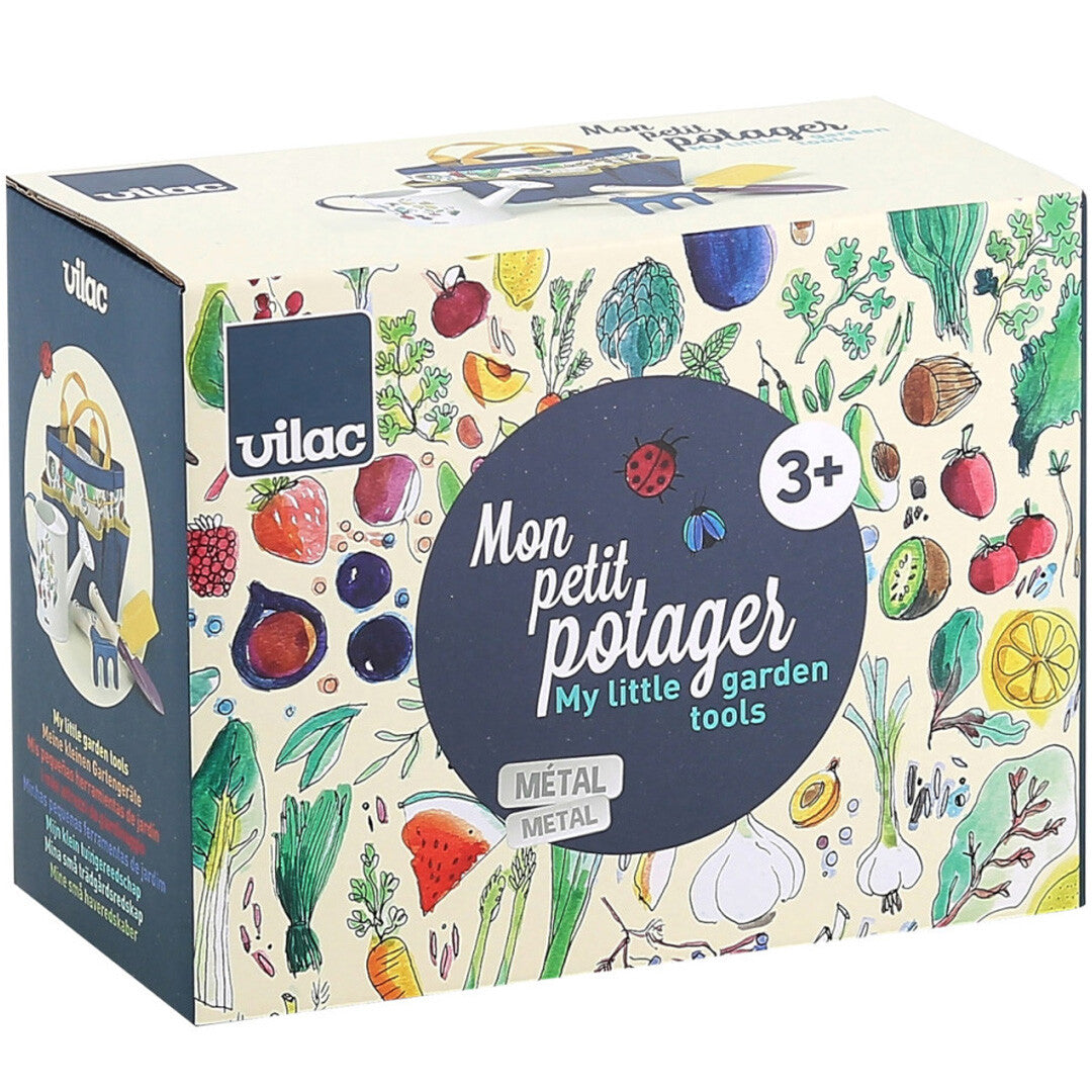 De verpakking van de Vilac tuingereedschap set 'Mon petit potager' met een biologisch moestuin patroon.