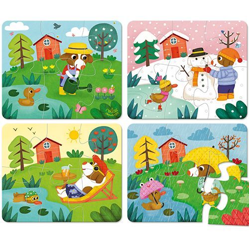 Vier Vilac houten puzzels met scènes van een hond en een eend in de lente, zomer, herfst en winter.