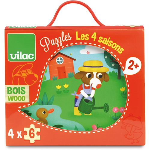 De Vilac verpakking van de vier houten seizoenenpuzzels, met een afbeelding van de lentepuzzel.