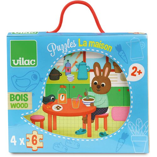 Vilac houten puzzelverpakking met een konijn in de keuken en de tekst 'Puzzles La maison'.