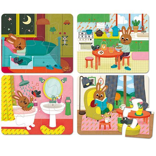 Vier Vilac houten kinderpuzzels met een konijn in verschillende kamers van een huis.