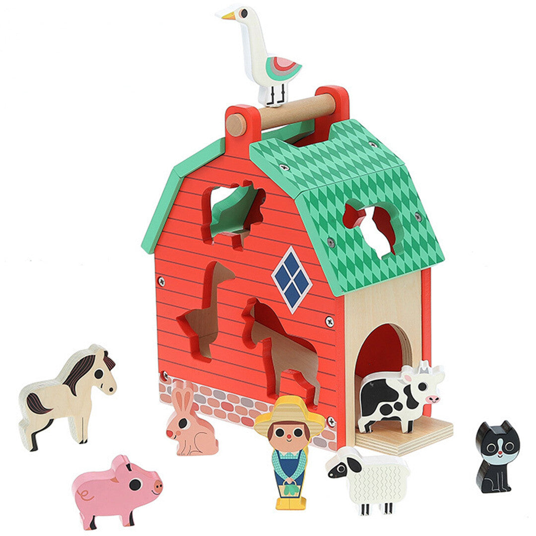 Vilac houten boerderij vormenstoof met diverse boerderijdieren en een boerfiguur eromheen.
