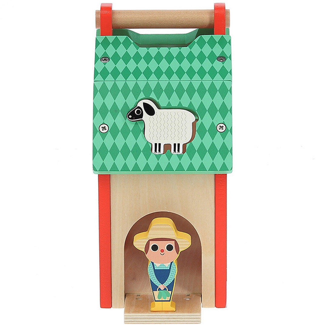 Vilac houten boerderij vormenstoof met een schaap op het dak en een boerfiguur in de opening.