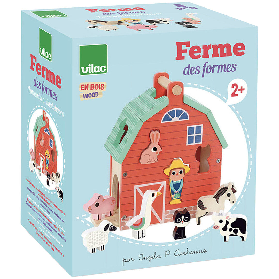 De verpakking van de Vilac houten boerderij vormenstoof met afbeelding van het speelgoed en dierenfiguren.