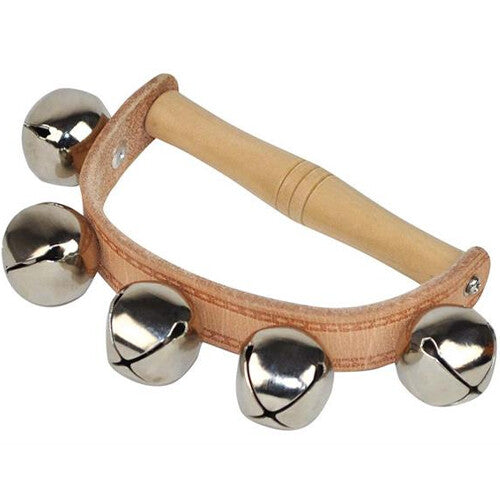 Voggenreiter bellenkrans muziekspeelgoed met houten handvat, leren band en vijf zilveren bellen.