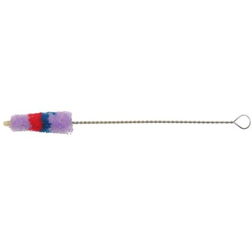 Schoonmaakborstel met paars, rood en blauw pluizig uiteinde.