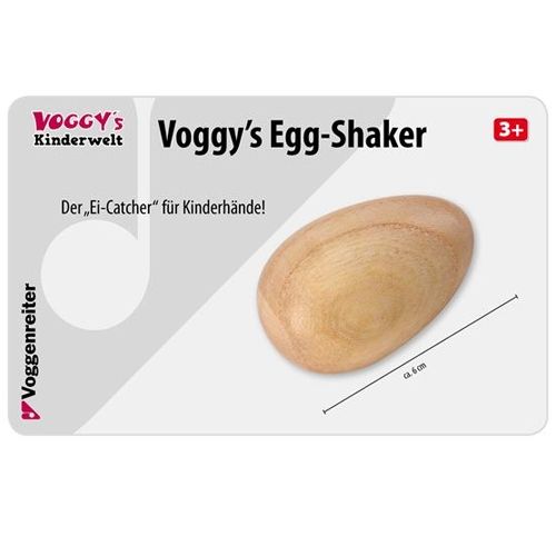 Verpakking van de Voggenreiter Egg-Shaker, met een afbeelding van het houten ei.