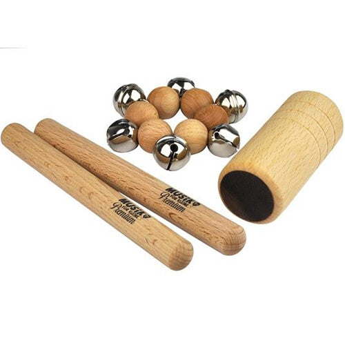 Voggenreiter muziekinstrumenten set met twee houten ritmestokken, een houten shaker en rammelballen.