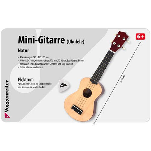 Infographic van de Voggenreiter houten ukelele met specificaties en afmetingen.