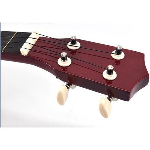 Detailfoto van de donkerrode kop van de Voggenreiter ukelele met stemmechanieken.