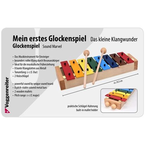Infographic van de Voggenreiter xylofoon met productinformatie en afmetingen.
