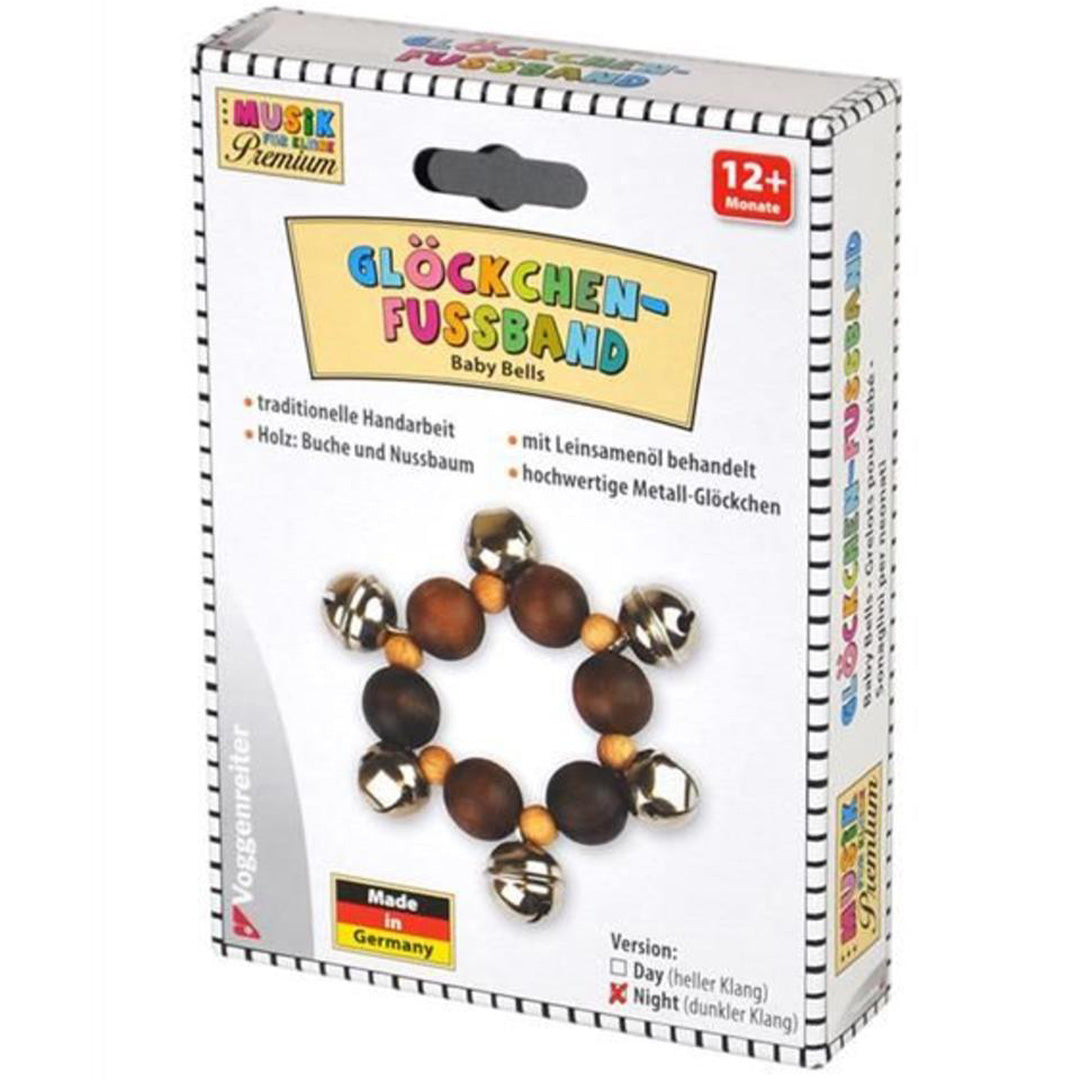 De verpakking van de Voggenreiter babyspeelgoed voetband met bellen, met het product zichtbaar.