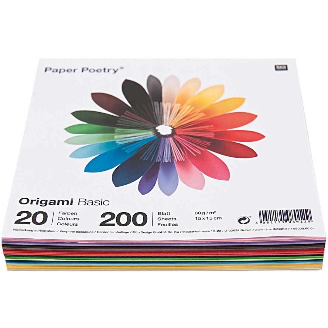 Rico Design Origami Basic vouwpapier verpakking met 20 kleuren en 200 vellen.