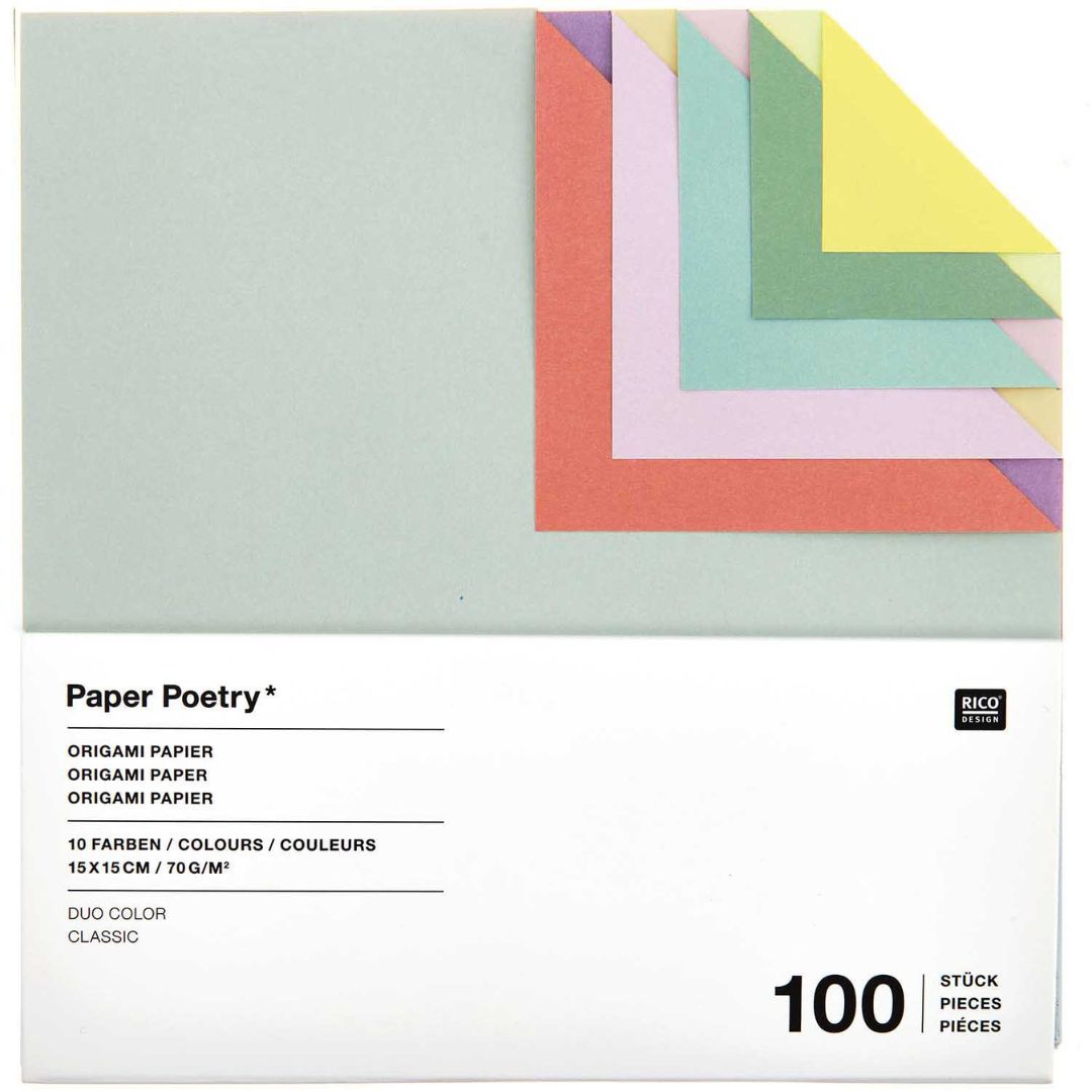 Verpakking van Rico Design duo color origamipapier met 100 vellen in diverse kleuren.