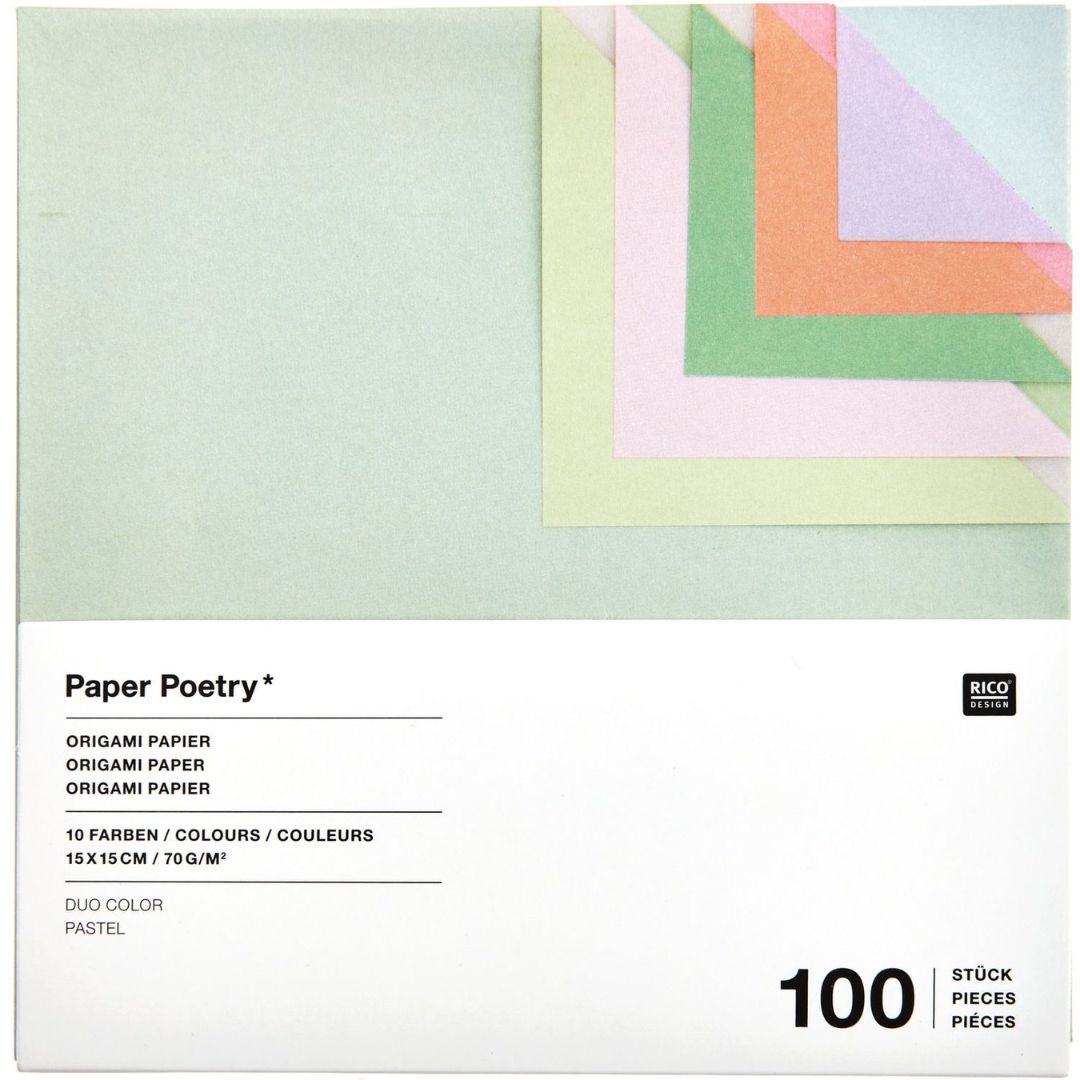 Verpakking van Rico Design Paper Poetry duo color pastel origamipapier met 100 vellen in verschillende kleuren.
