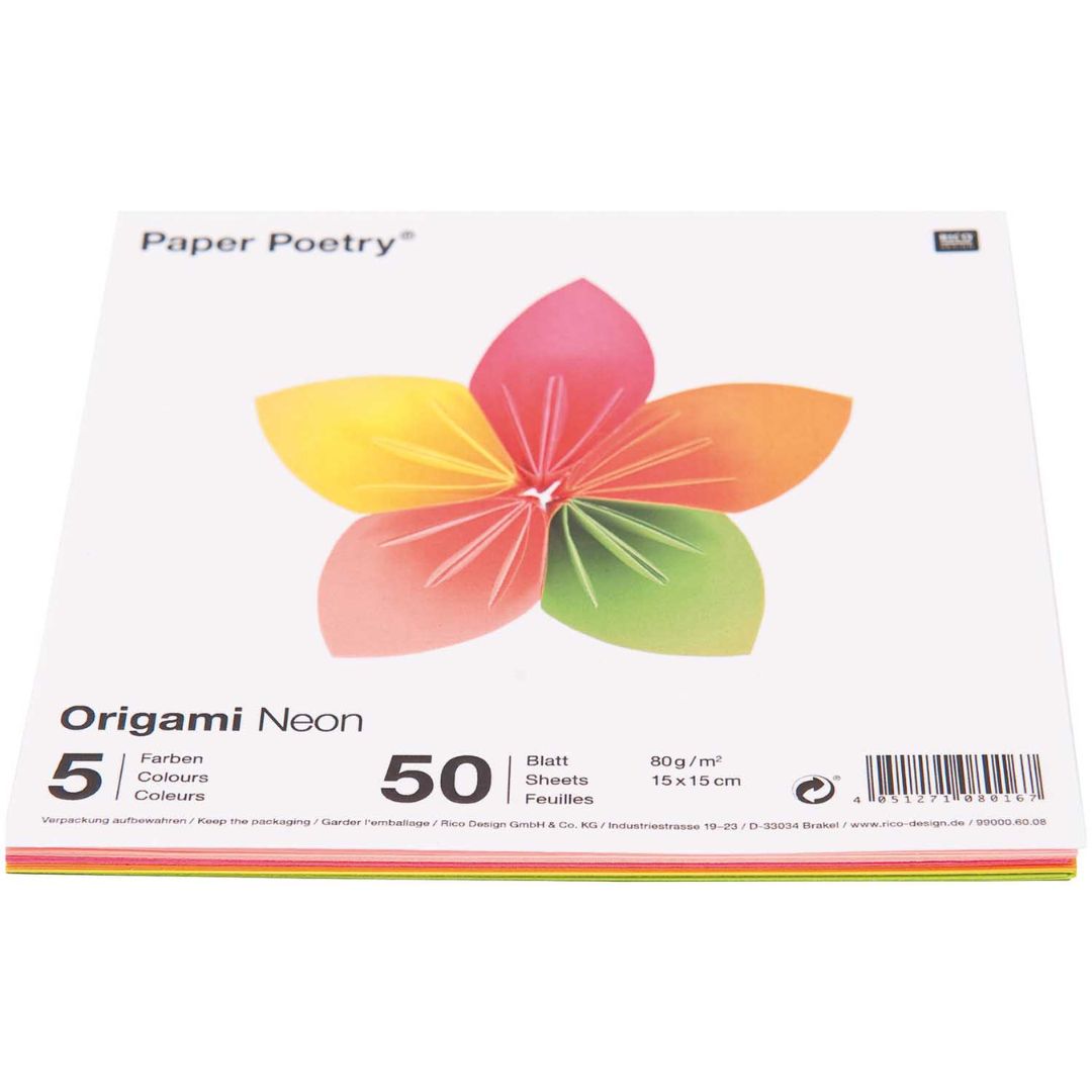 Verpakking van Rico Design neon origamipapier met een kleurrijke gevouwen bloem.