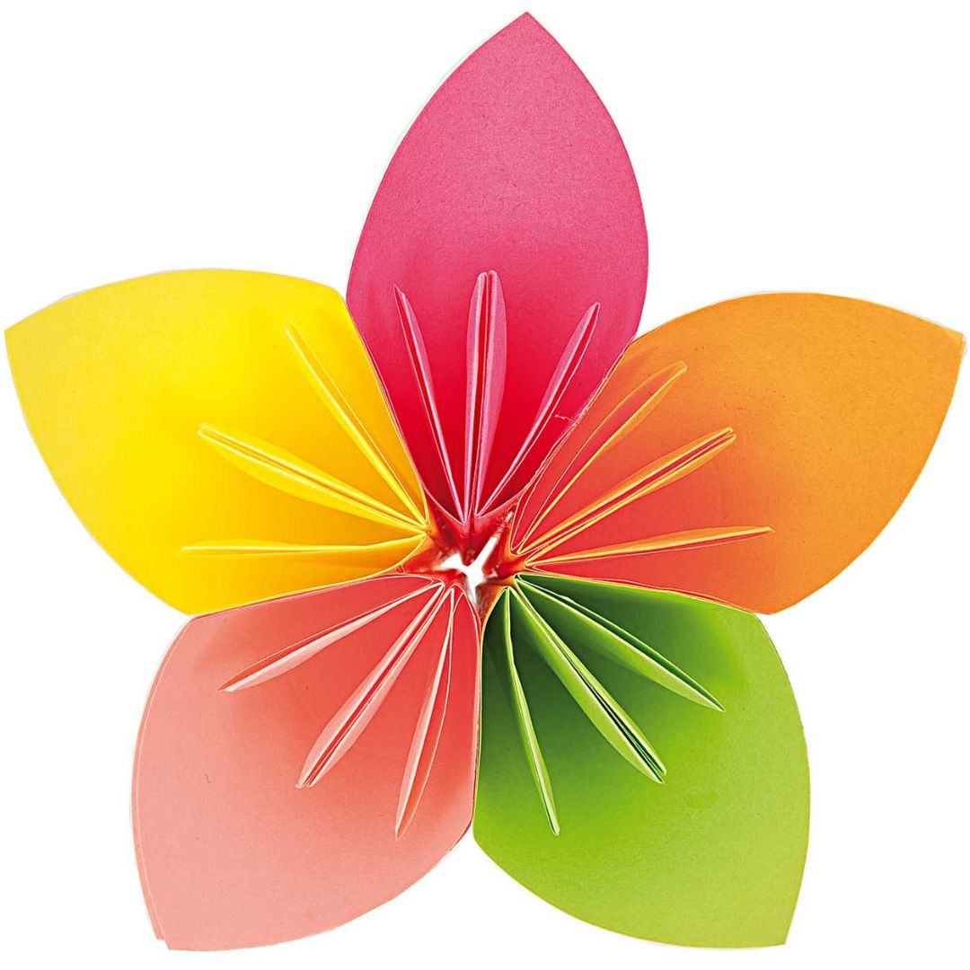 Een close-up van een felgekleurde origami bloem, gevouwen uit neon origamipapier.