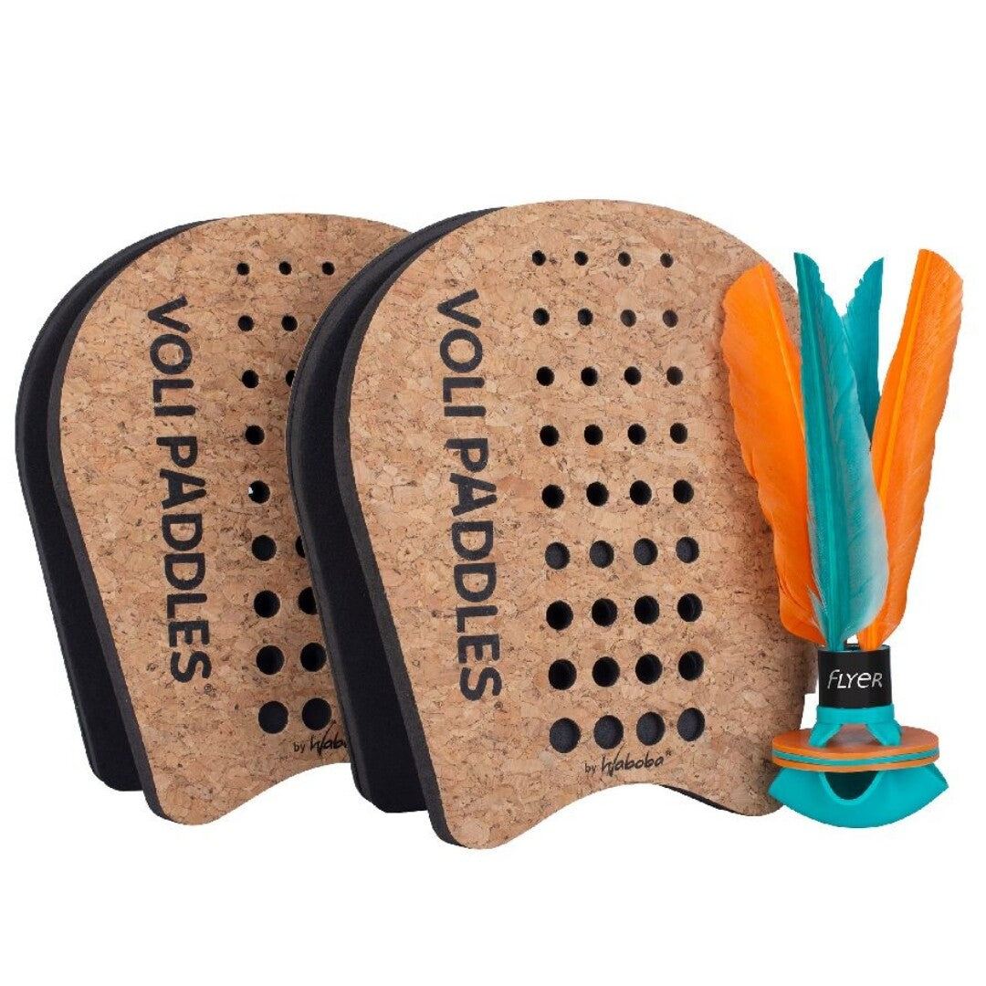 Waboba Voli Paddles peddelbalset met twee kurken rackets en een shuttlecock.