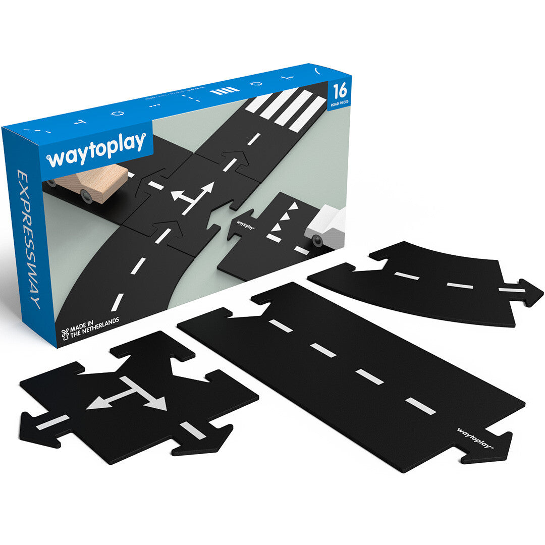 De waytoplay Expressway 16-delige autoweg speelset met verpakking en losse zwarte rubberen wegdelen.