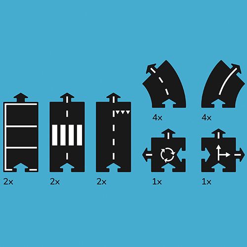 Infographic van de waytoplay Expressway set met een overzicht van de verschillende zwarte rubberen wegdelen en hun aantallen.
