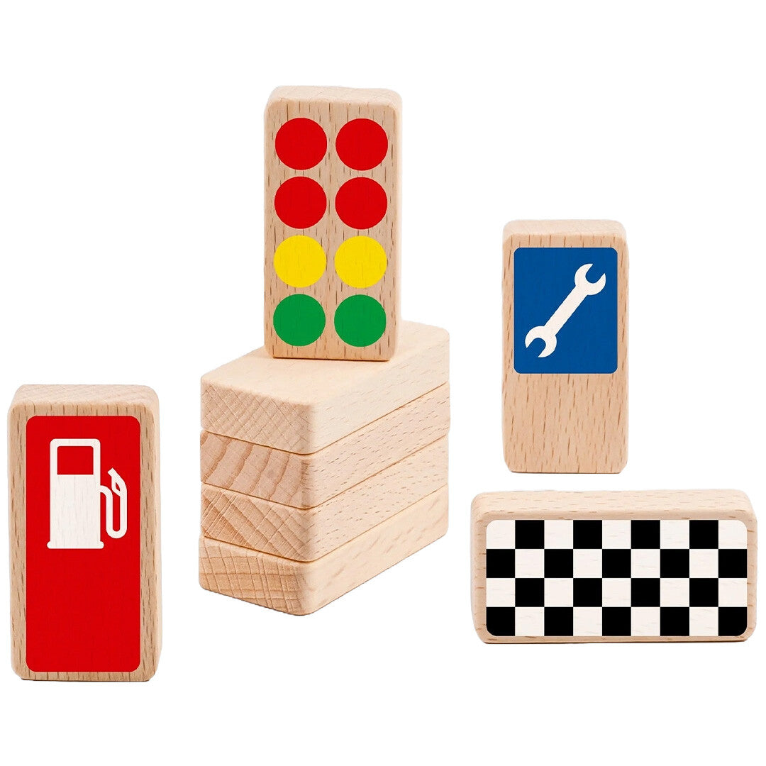 waytoplay houten raceborden met verkeerslicht, benzinepomp, gereedschap en finishvlag.