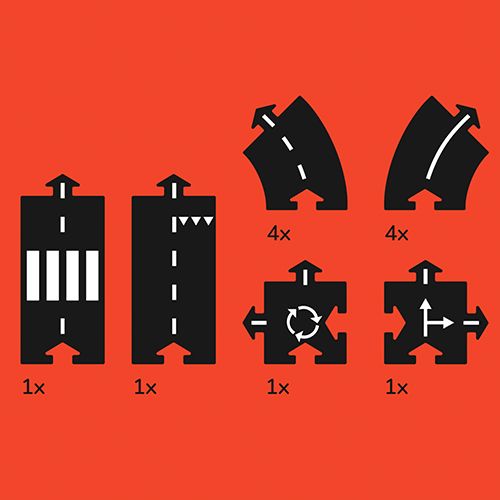 Infographic van de waytoplay Ringroad set met een overzicht van de 6 verschillende soorten zwarte rubberen wegdelen en hun aantallen.