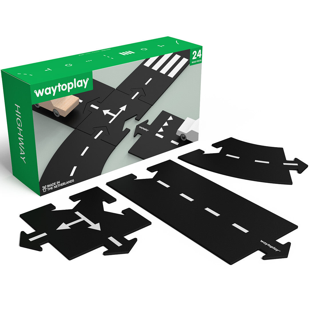waytoplay Highway 24-delige rubberen speelweg set met verpakking en enkele wegdelen.