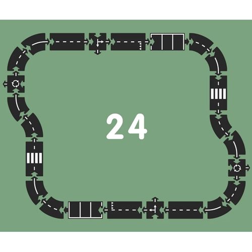 Overzicht van de 24 rubberen speelwegdelen in een grote rechthoekige opstelling.