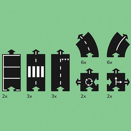 Infographic met de verschillende soorten en aantallen rubberen speelwegdelen.