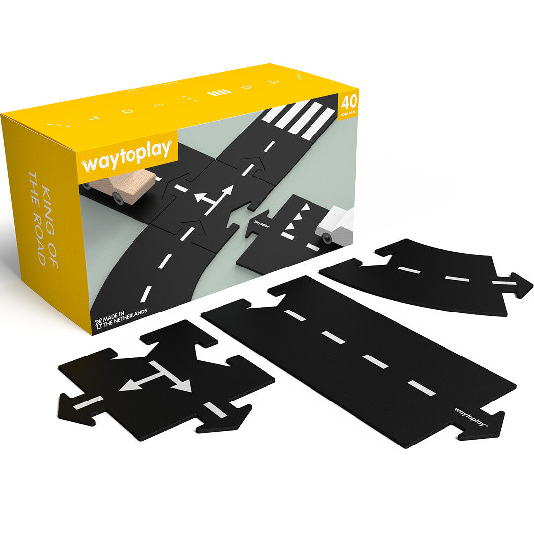 De waytoplay King of the Road 40-delige set met gele verpakking en zwarte rubberen wegdelen.