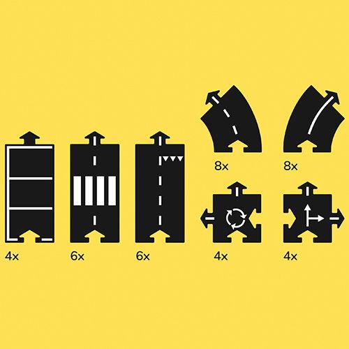 Infographic met een overzicht van de verschillende vormen en aantallen van de waytoplay rubberen wegdelen.