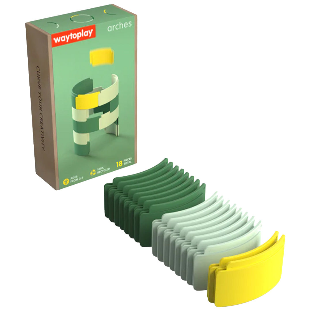 De waytoplay bogen startset met 18 stuks in groen- en geeltinten, naast de productverpakking.