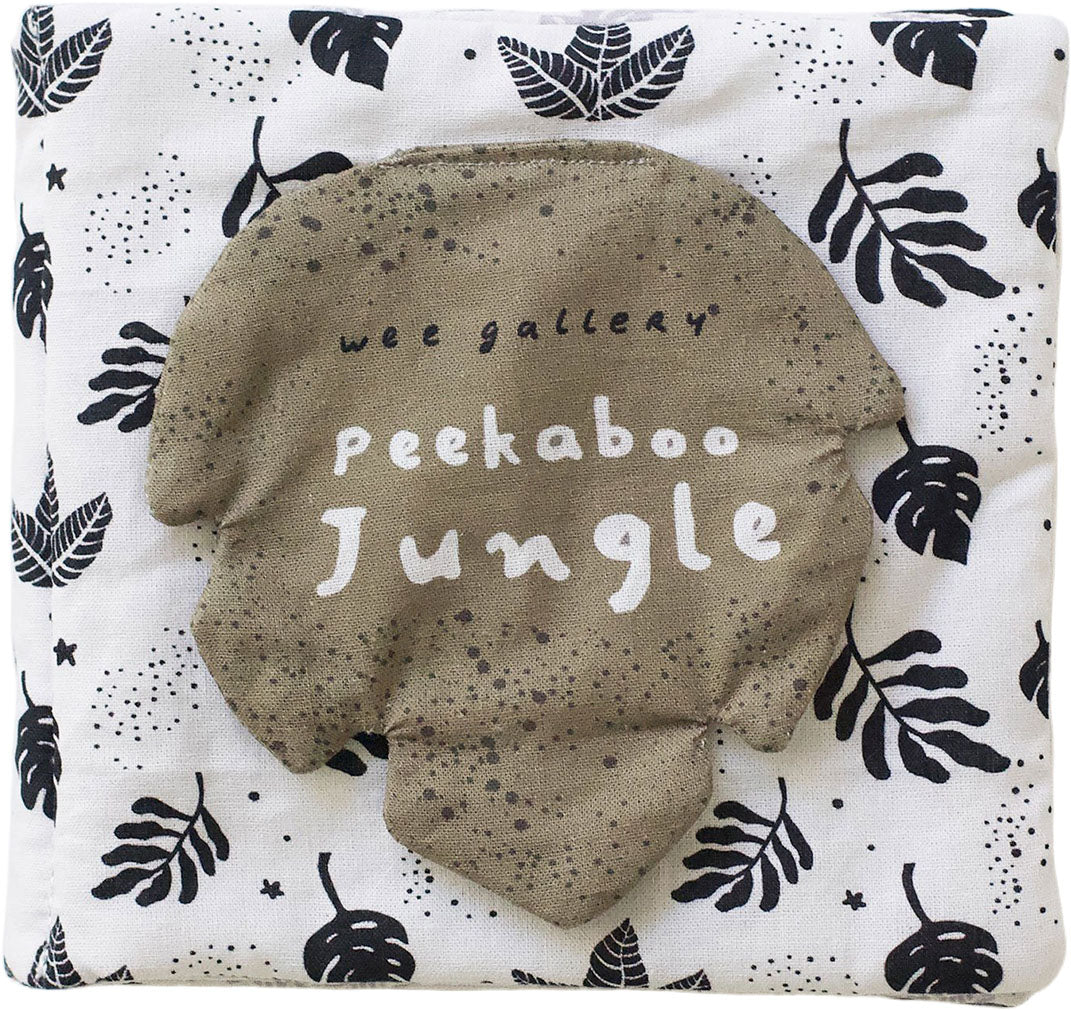 De voorkant van het wee gallery knisperboekje Kiekeboe Jungle met een bruine flap en zwarte bladeren op een witte achtergrond.