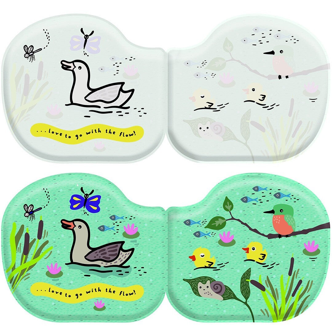 Twee pagina's van het Wee Gallery badboekje met een eend en andere dieren, voor en na het kleuren.
