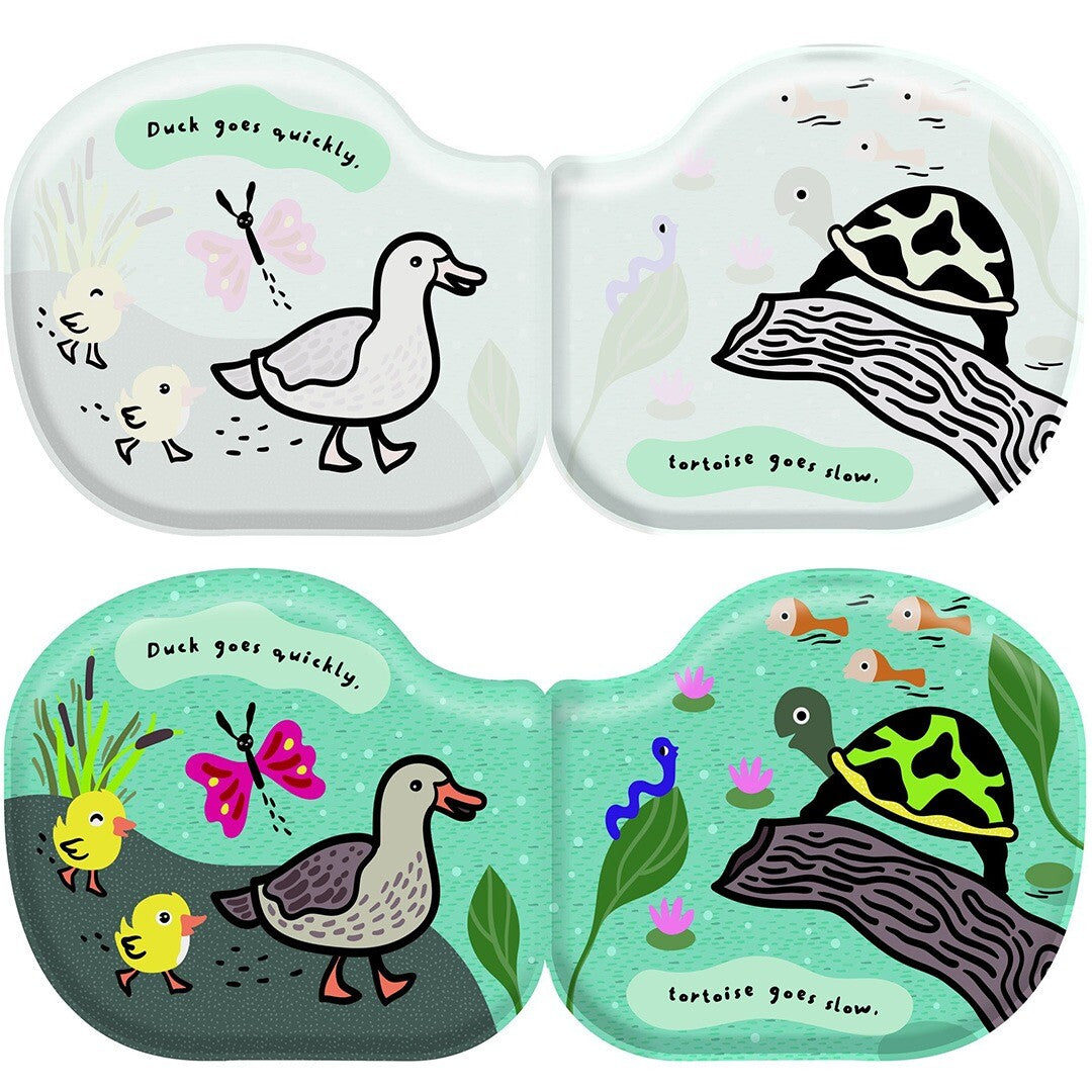 Twee pagina's van het Wee Gallery badboekje met een eend, kuikens en een schildpad, voor en na het kleuren.