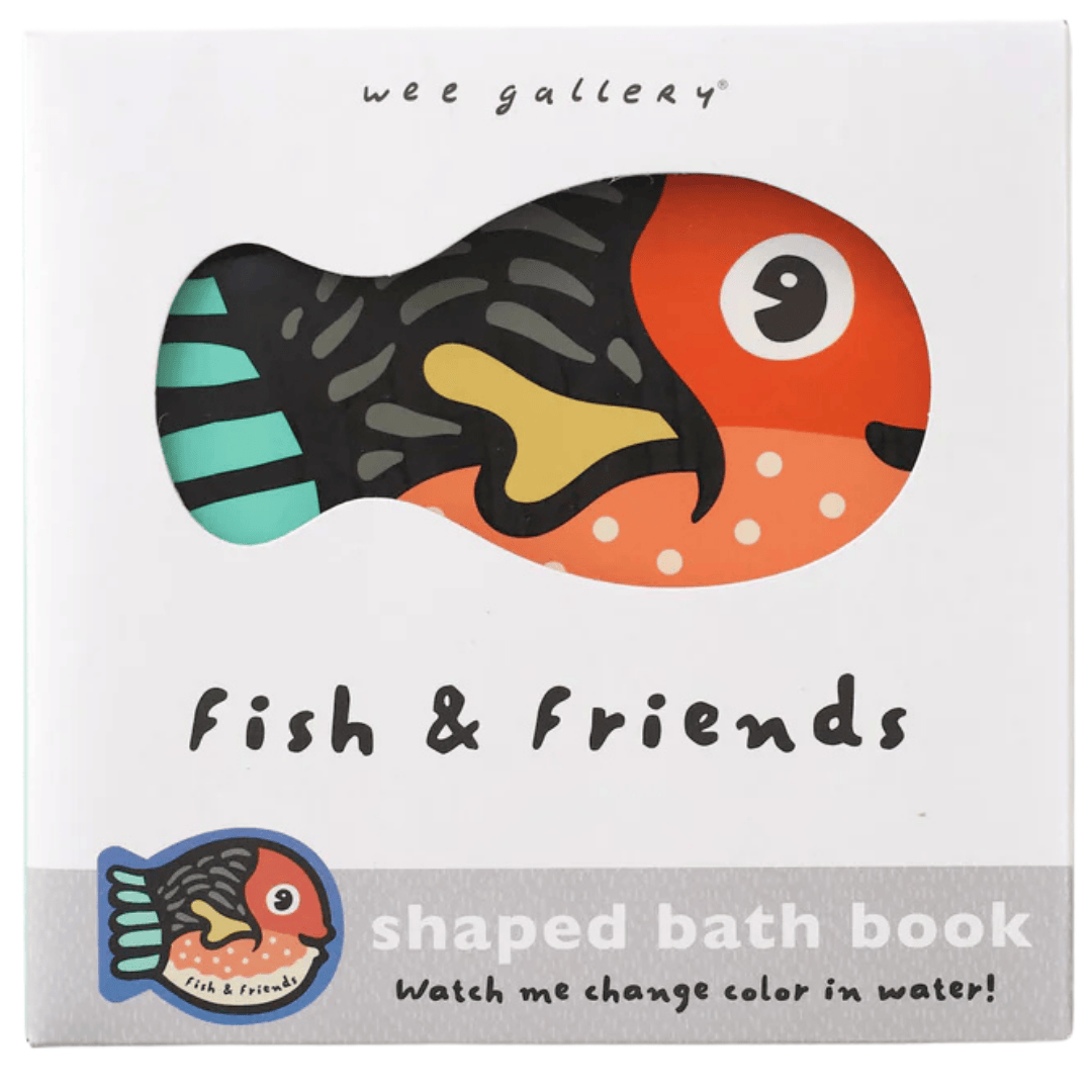 Verpakking van het Wee Gallery badboekje 'Fish & Friends' met een uitgesneden visvorm.