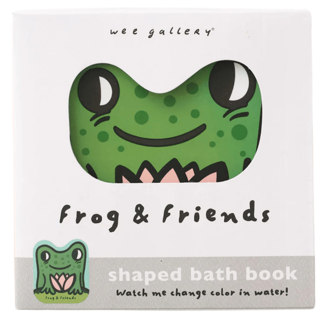 Verpakking van het wee gallery badboekje 'Frog & Friends' met een kikkergezicht in een uitsparing.