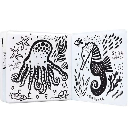 Open badboekje met zwart-witte illustraties van een octopus en een zeepaardje.