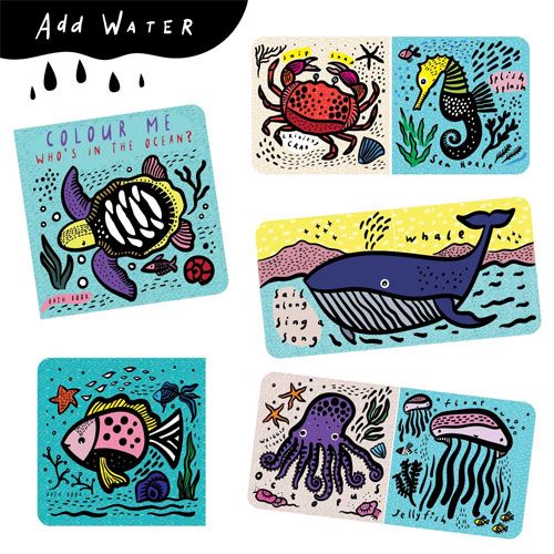 Infographic van het wee gallery badboekje 'Color Me Who's in the Ocean?' met voorbeelden van gekleurde en ongekleurde pagina's met zeedieren.