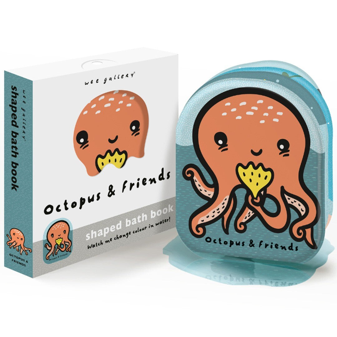 Wee Gallery badboekje 'Octopus & Friends' met verpakking, beide met een oranje octopus.