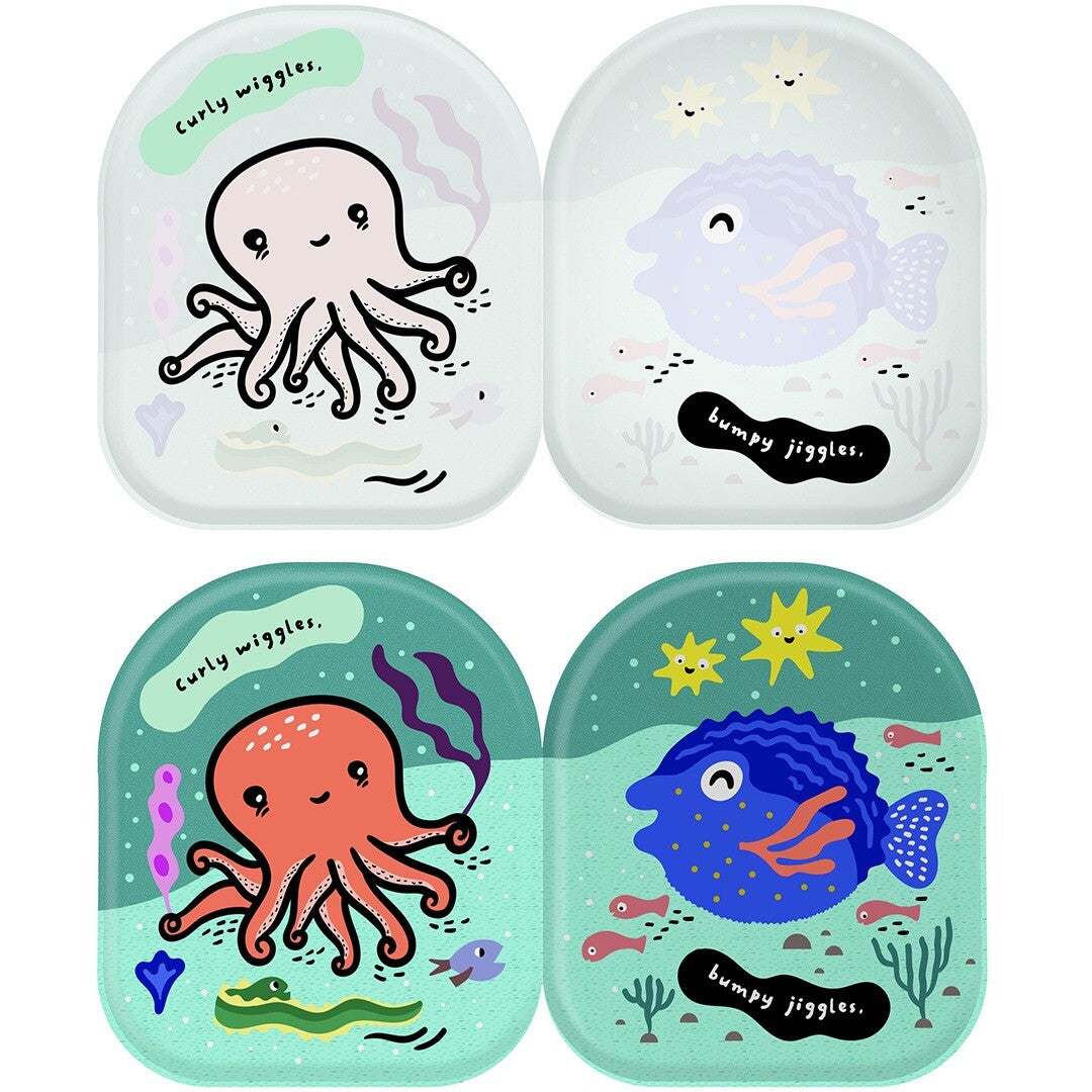 Vier pagina's van het badboekje 'Octopus & Friends' met lichtgekleurde en felgekleurde zeedieren.