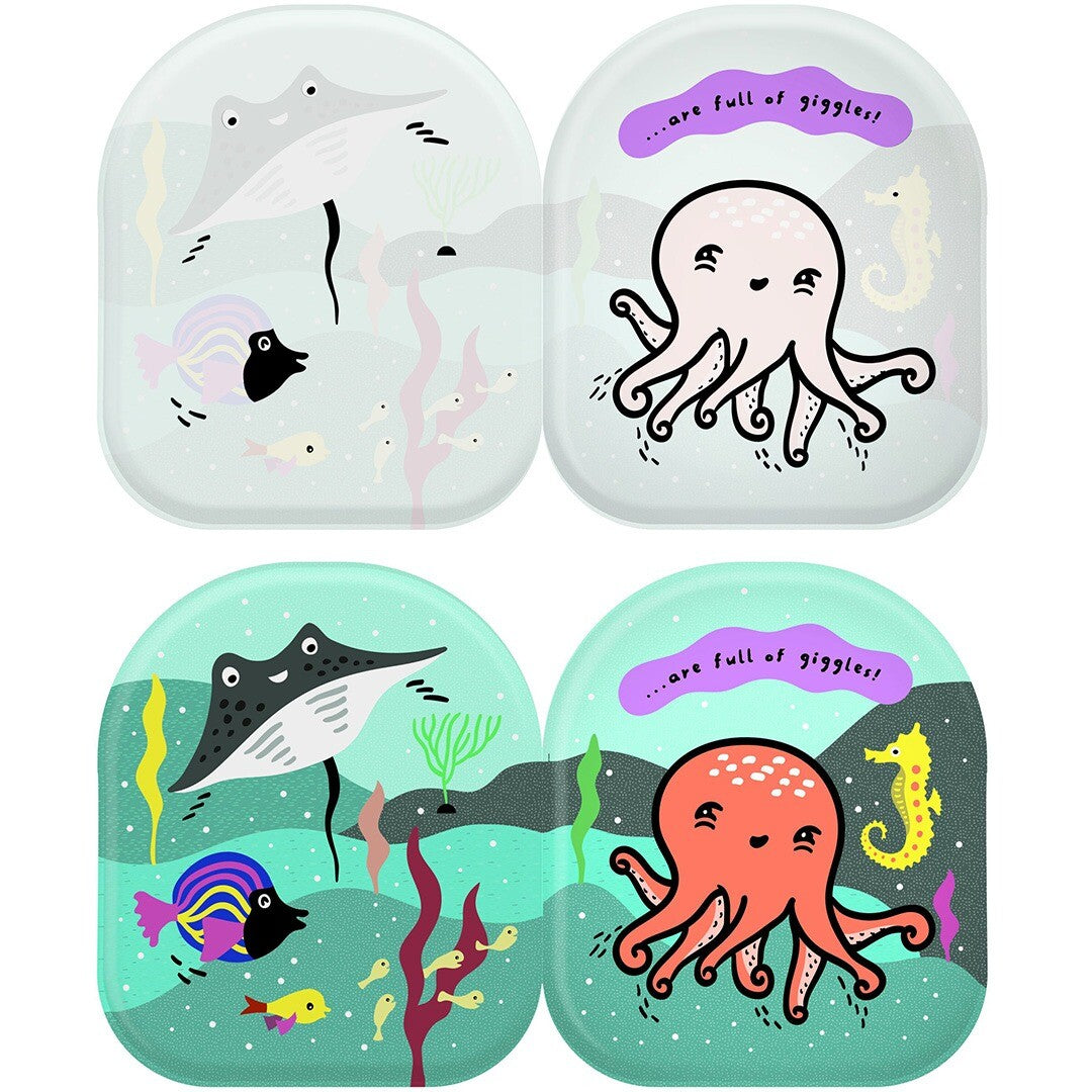 Vier pagina's van het badboekje 'Octopus & Friends' met lichtgekleurde en felgekleurde zeedieren zoals een rog en een octopus.