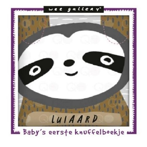 Infographic van een Wee Gallery stoffen knisperboekje voor baby's met een luiaard.