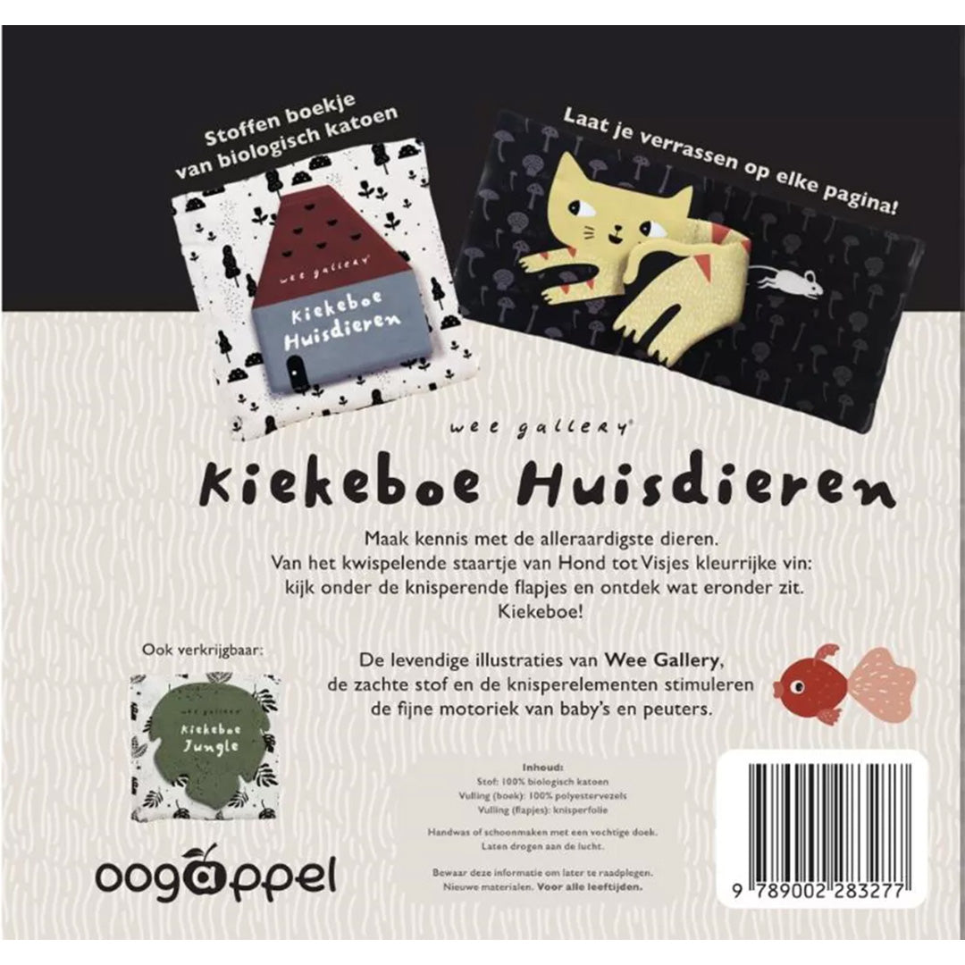 De achterkant van de verpakking van het Wee Gallery knisperboekje Kiekeboe Huisdieren, met productinformatie en een afbeelding van het boek.