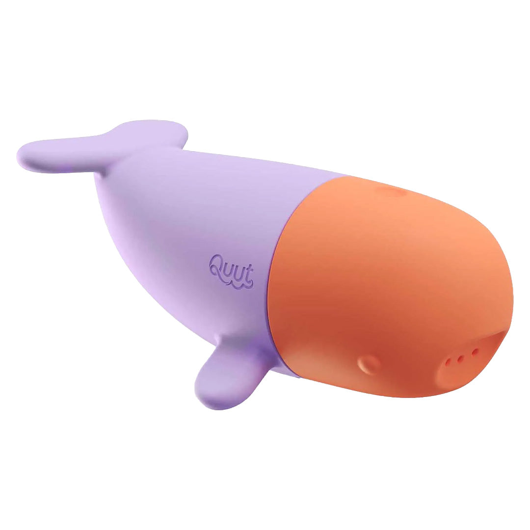 Quut walvis badspeelgoed sproeier in paars en oranje.