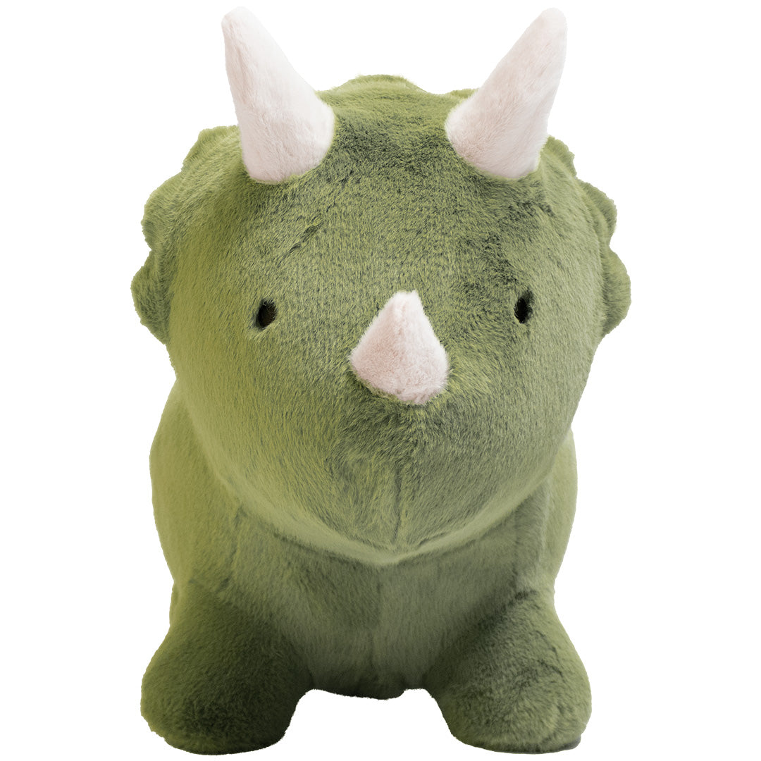 Wild & Soft groen pluche skippydier in de vorm van een triceratops, recht van voren gefotografeerd.